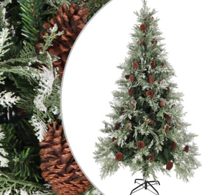 vidaXL Vianočný stromček a borovicové šišky zeleno-biely 225 cm PVC&PE