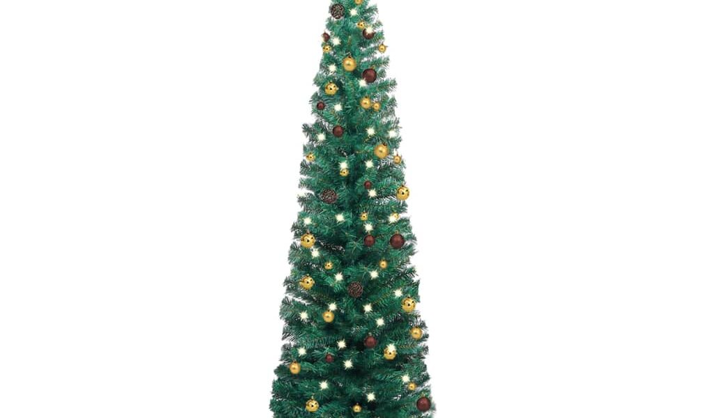 vidaXL Úzky osvetlený umelý vianočný stromček s guľami, zelený 240 cm