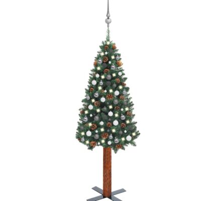 vidaXL Úzky osvetlený vianočný stromček s guľami, zelený 180 cm, PVC