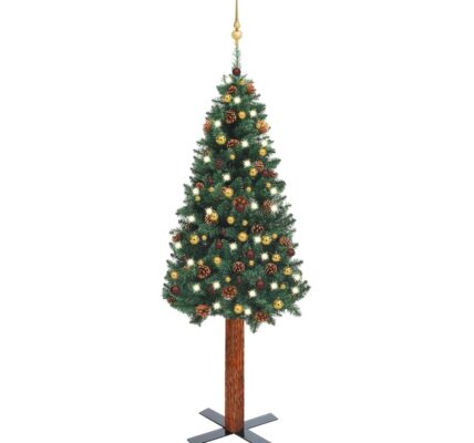 vidaXL Úzky osvetlený vianočný stromček s guľami, zelený 210 cm