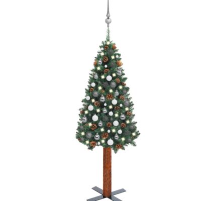 vidaXL Úzky osvetlený vianočný stromček s guľami, zelený 150 cm, PVC