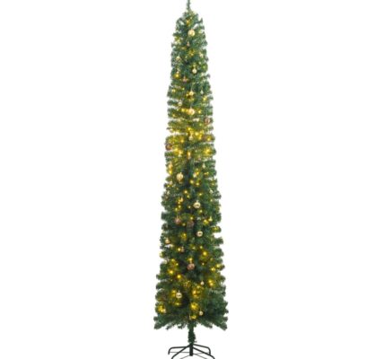 vidaXL Úzky vianočný stromček 300 LED, s guľami 300 cm
