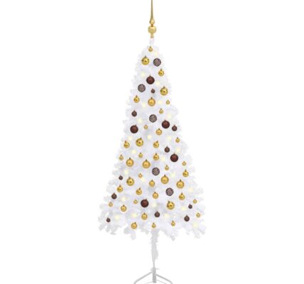 vidaXL Rohový umelý vianočný stromček s LED s guľami biely 150 cm PVC