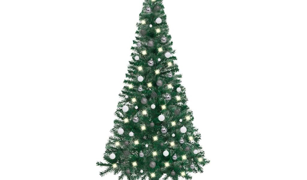 vidaXL Rohový umelý vianočný stromček s LED s guľami zelený 240 cm PVC
