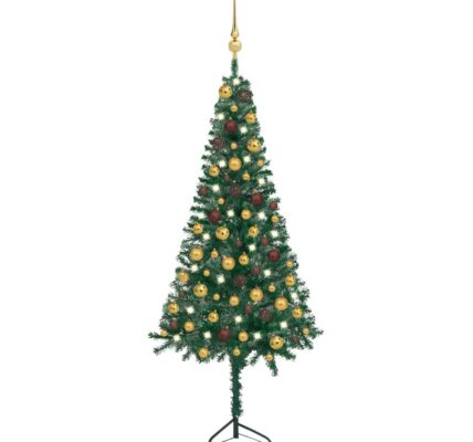 vidaXL Rohový umelý vianočný stromček+LED a sada gúľ zelený 120 cm PVC