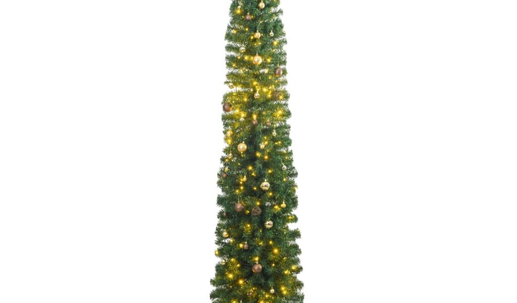 vidaXL Úzky vianočný stromček 300 LED, s guľami 270 cm