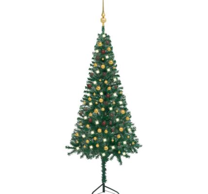 vidaXL Rohový umelý vianočný stromček s LED a guľami zelený 240 cm PVC