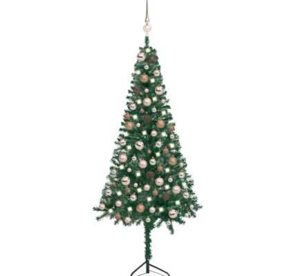 vidaXL Rohový umelý vianočný stromček s LED a guľami zelený 120 cm PVC
