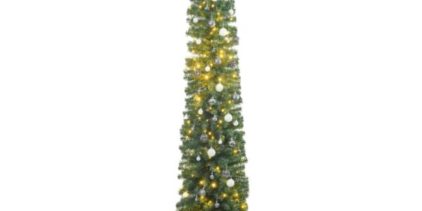 vidaXL Úzky vianočný stromček 300 LED s guľami 270 cm