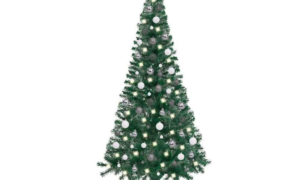 vidaXL Rohový umelý vianočný stromček s LED a guľami zelený 180 cm PVC
