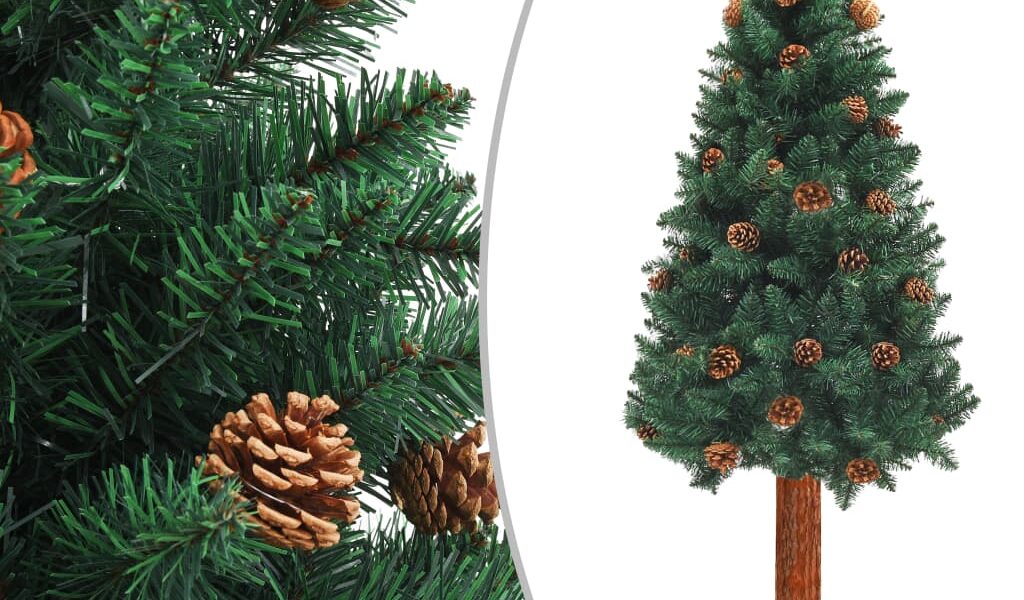vidaXL Úzky vianočný stromček, pravé drevo a šišky, zelený 180 cm, PVC