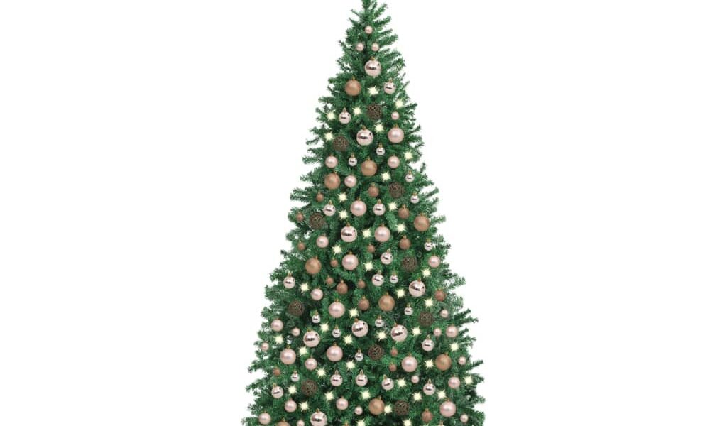 vidaXL Osvetlený umelý vianočný stromček s guľami, LED 300 cm, zelený