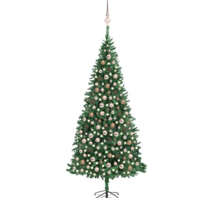 vidaXL Osvetlený umelý vianočný stromček s guľami, LED 300 cm, zelený
