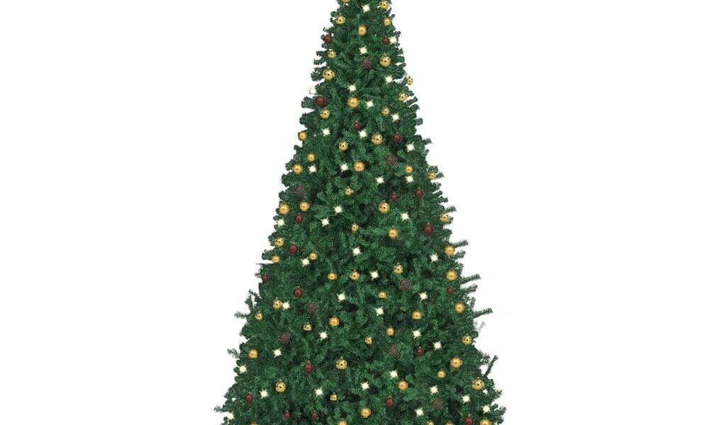 vidaXL Osvetlený umelý vianočný stromček s guľami, LED 400 cm, zelený