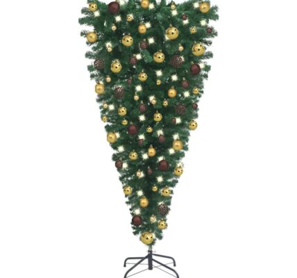 vidaXL Prevrátený osvetlený umelý vianočný stromček s guľami 150 cm