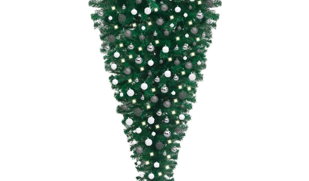 vidaXL Prevrátený osvetlený umelý vianočný stromček s guľami 240 cm