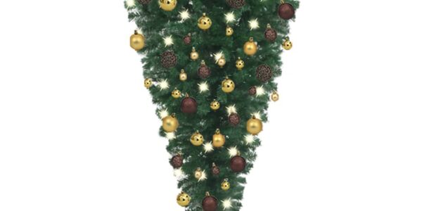vidaXL Prevrátený osvetlený umelý vianočný stromček s guľami 120 cm