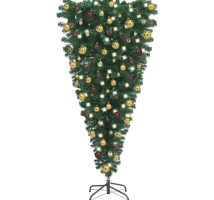 vidaXL Prevrátený osvetlený umelý vianočný stromček s guľami 180 cm