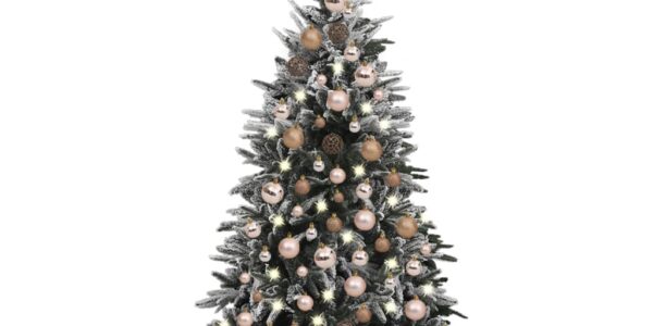 vidaXL Umelý vianočný stromček s LED, sadou gúľ a snehom 120cm PVC+PE