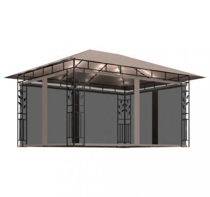 Záhradný altánok s moskytiérou a LED reťazami 4×3 m Dekorhome Sivohnedá taupe